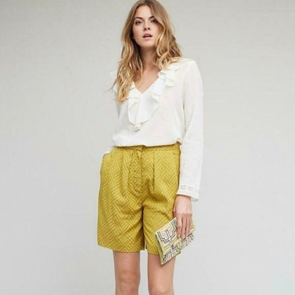 Anthropologie Seen Worn Kept High Waist Pleated Jacquard Trouser Short Yellow 8 - Picture 1 of 11